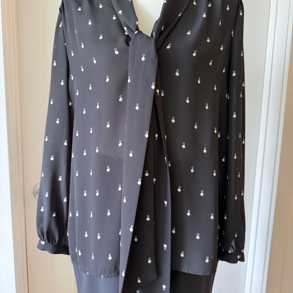 Juicy Couture Black Tie-Front Blouse with Ivory Dot Motif